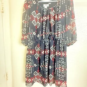 Sweet Storm Navy and Red Patterned Long Sleeve Dress